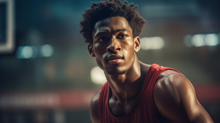 Portrait of a muscular African male basketball player wearing team colours holding a basketball in one hand against his hip and looking to camera