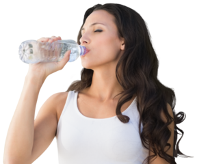 Digital png photo of caucasian woman drinking water on transparent background