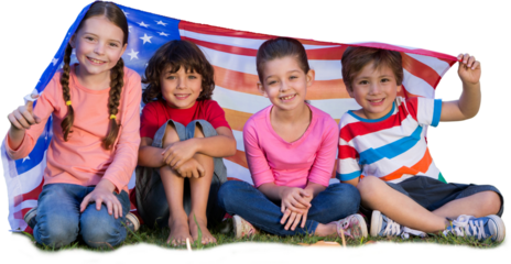 Digital png photo of happy caucasian children with flag of usa on transparent background
