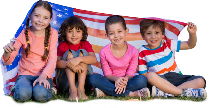 Digital png photo of happy caucasian children with flag of usa on transparent background