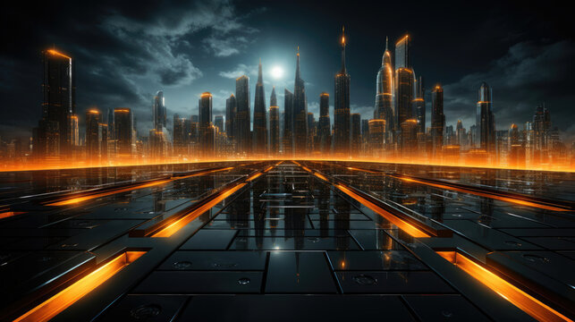Design a futuristic cityscape with luminous 3D objects in a technological style, using dark orange and light gold tones. Incorporate innovative techniques and webcore influences for a dynamic and visu