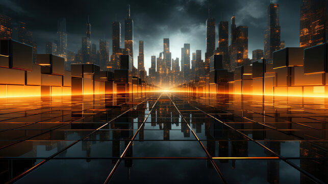 Design a futuristic cityscape with luminous 3D objects in a technological style, using dark orange and light gold tones. Incorporate innovative techniques and webcore influences for a dynamic and visu