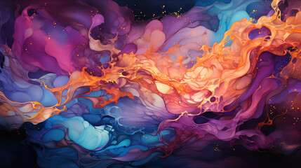 Cosmic energy themed abstract background in deep shades of purple, indigo, and electric blue, with elements like swirling galaxies and shooting stars.