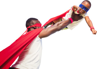 Digital png photo of african american superhero father and son on transparent background