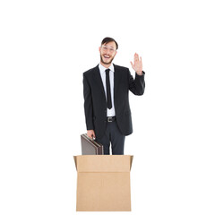 Digital png photo of happy caucasian businessman waving hand out of box on transparent background