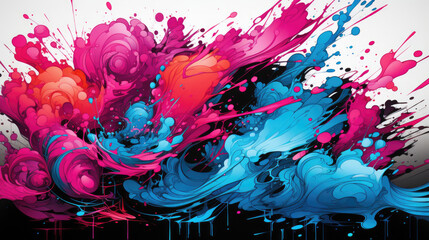 Create an urban graffiti-inspired abstract background with vibrant colors (electric blue, hot pink, neon green). Include abstract shapes, spray paint effects, and intricate line work for an energetic 