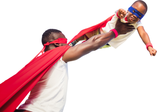Digital png photo of african american superhero father and son on transparent background - Powered by Adobe