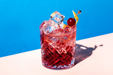 Sbagliato Rosa alcoholic cocktail drink with Italian red liqueur and aperitif, champagne rose or...