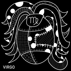 Virgo Zodiac Sign Coloring Page. Hand Drawn Coloring Book in Steampunk Style. Coloring Sheet with Black and White Zen Art Virgo Illustration.