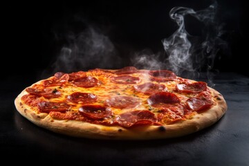 pepperoni pizza with smoke coming out of it on a black background, created by Generative AI - obrazy, fototapety, plakaty