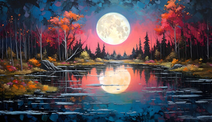 landscape with moon and trees, beautiful view with moon at night , lake with moon reflection 