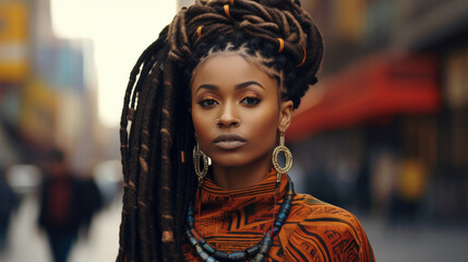 Cheerful African American woman with dreads. Beautiful dreadlocks
