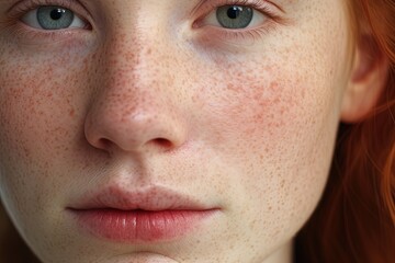 Fototapeta premium a close up of a woman with freckles,rosacea couperose redness skin.Generative Ai