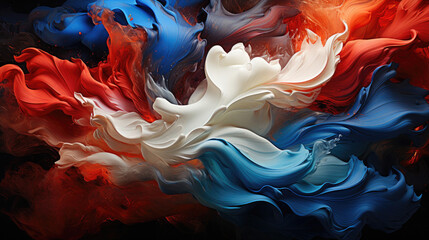 Create an abstract artwork inspired by the flag of France, featuring flowing surrealism elements. Think of soft sculptures and precisionist lines to depict the flag's colors of blue, red, and white. A
