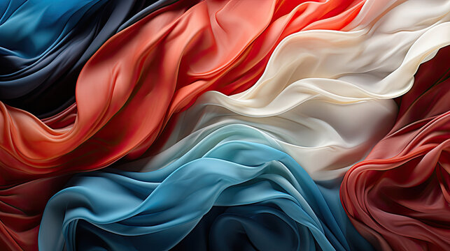 Create an abstract artwork inspired by the flag of France, featuring flowing surrealism elements. Think of soft sculptures and precisionist lines to depict the flag's colors of blue, red, and white. A