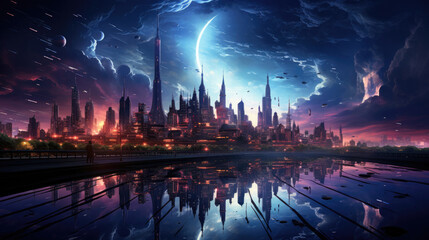 Obraz premium Background image presenting a chaotic urban sprawl, reflecting cyberpunk aesthetics in neon pinks and electric blues, featuring silhouettes of cityscapes and light reflections in urban digital art.