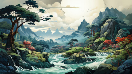 Obraz na płótnie Canvas Background image illustrating cascading waterfalls, rendered in the tranquil style of Japanese Ukiyo-e, with colors of misty blues and forest greens and flowing water effects, like a digital woodblock