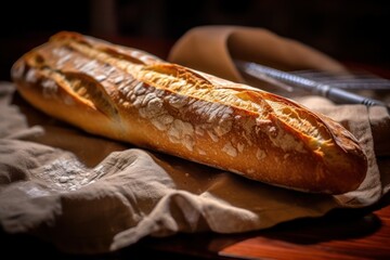 loaf of french bread sitting on a cloth, created by Generative AI - obrazy, fototapety, plakaty