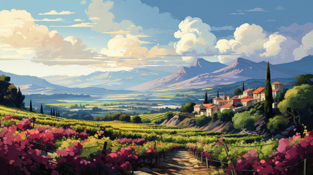 Background image featuring a picturesque vineyard in the style of plein air painting, with shades of grape purple and vineyard green, capturing rural scenery and wine country aesthetics in digital pai