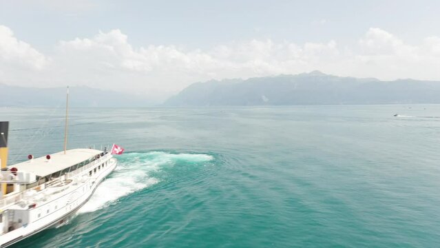 Aerial of beautiful old cruise ship on Lake Geneva