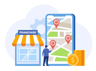 franchise shop, business concept, start up strategy, expansion, teamwork and development, company, flat vector illustration banner for website