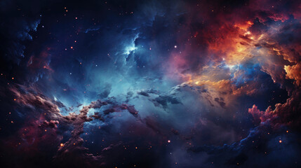 Fototapeta na wymiar Cosmic and intergalactic theme abstract background using deep space colors and elements representing nebulae, galaxies, and stars.
