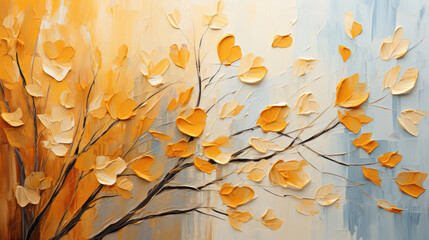 Background image rendering of autumn foliage in the style of digital oil painting, showcasing rustic textures in colors of harvest gold and pumpkin orange, capturing the aesthetics of fall with palett