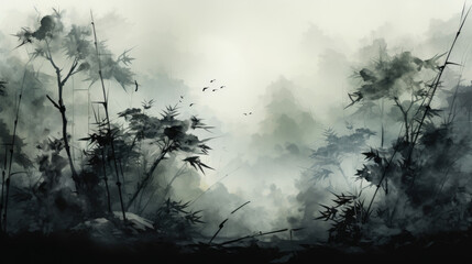 Ink painting style representation of a bamboo forest