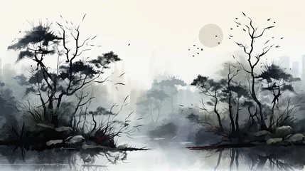 Fotobehang Ink painting style representation of a bamboo forest © GraphicsRF