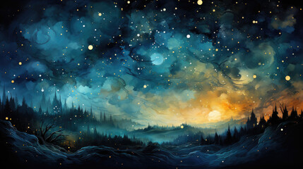 Celestial themed abstract background using a night-sky color palette with shades of deep blue, stars, and a crescent moon.