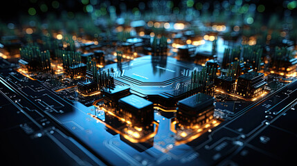 Futuristic circuit board abstract background using metallic silver, electric blue, neon green, and elements representing circuitry patterns and digital features.