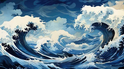 Fototapete Kinder Background image presenting a roaring wave in the style of Japanese Ukiyo-e, colored in shades of ocean blue and foam white, showcasing dynamic water and marine aesthetics in a digital woodblock print