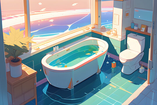 Cozy restroom by the sea. Generative AI 