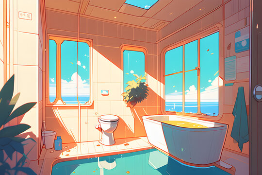 Cozy restroom by the sea. Generative AI 