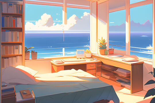 a room by the sea, cozy room. Generative AI 