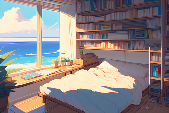 a room by the sea, cozy room. Generative AI 