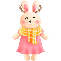 Festive christmas bunny clipart.Cute little bunny with antlers,pink dress and yellow scarf.