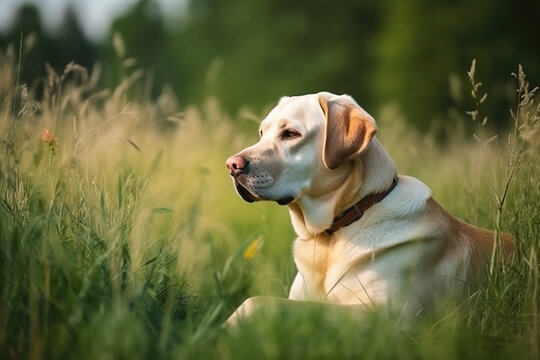 Image of labrador dog resting on green pasture grass on summer. Pet. Animals. Illustration. Generative AI.