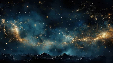 Poster Im Rahmen Cosmic and celestial themed abstract background with a deep indigo and midnight blue base, featuring elements like constellations and stardust in silver and gold. © GraphicsRF
