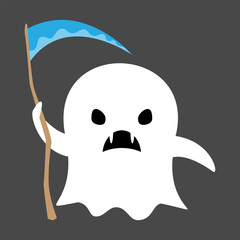 Cute white ghost hold scythe . Halloween cartoon character . Flat design . Vector .