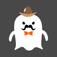 Cute white ghost wear hat and bow tie . Halloween cartoon character . Flat design . Vector .