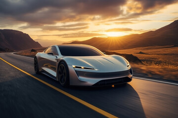 Fototapeta na wymiar The realism of electric cars Futuristic sports cars on the highway Powerful acceleration of a super car on a night track with lights and trails. 3D illustrations. Realistic wide angle lens.