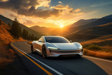 Obraz premium The realism of electric cars Futuristic sports cars on the highway Powerful acceleration of a super car on a night track with lights and trails. 3D illustrations. Realistic wide angle lens.