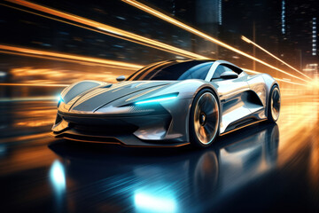 Obraz na płótnie Canvas The realism of electric cars Futuristic sports cars on the highway Powerful acceleration of a super car on a night track with lights and trails. 3D illustrations. Realistic wide angle lens.
