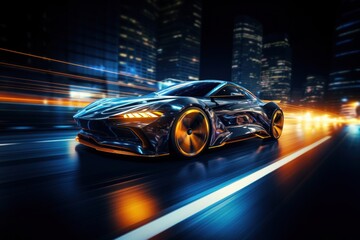 The realism of electric cars Futuristic sports cars on the highway Powerful acceleration of a super car on a night track with lights and trails. 3D illustrations. Realistic wide angle lens.