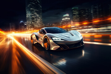 Fototapeta na wymiar The realism of electric cars Futuristic sports cars on the highway Powerful acceleration of a super car on a night track with lights and trails. 3D illustrations. Realistic wide angle lens.