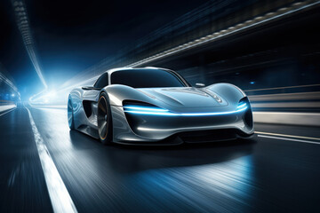 The realism of electric cars Futuristic sports cars on the highway Powerful acceleration of a super car on a night track with lights and trails. 3D illustrations. Realistic wide angle lens.