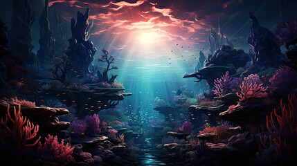 Hyper-real 3D background image of underwater coral reef scenery