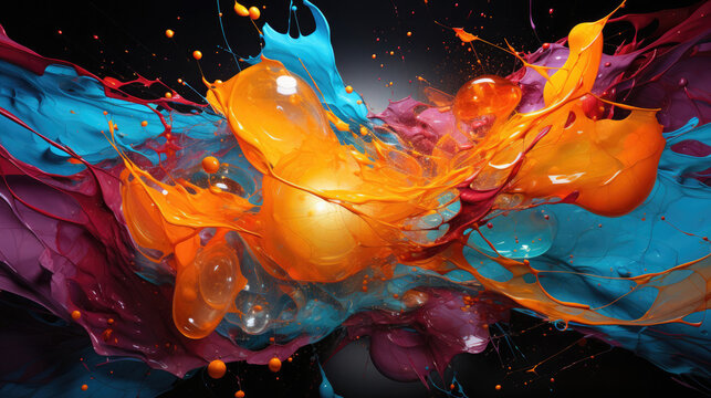 Chaos and order-themed abstract composition with a combination of chaotic and structured elements, such as random splatters and precise lines. Contrasting colors represent the tension and balance betw