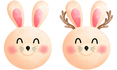 Set of watercolor cute happy bunny with antlers illustration.